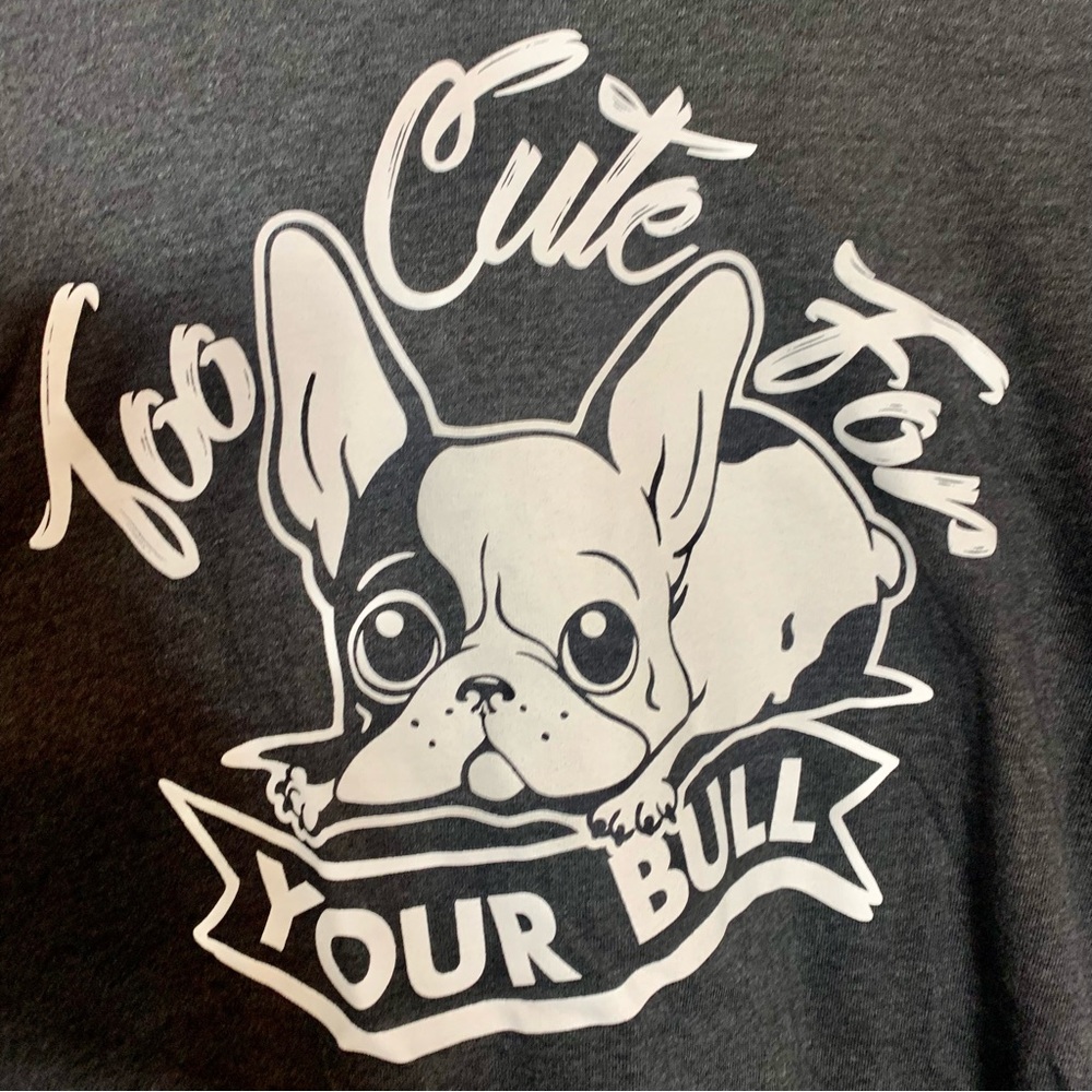 NWT. Dark gray graphic tee. “Too cute for your bull” XL